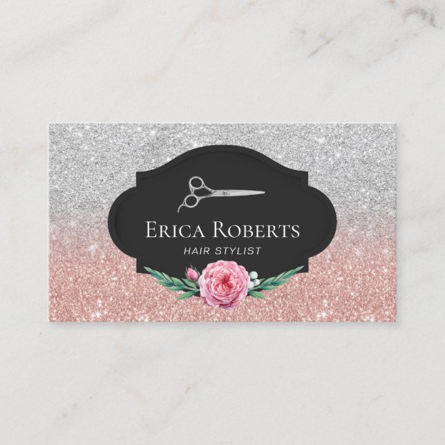 Stylistische Rose Gold & Silver Glitzer Haarlatte Visitenkarte (Vorderseite)