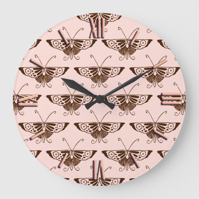 Stylized Art Deco butterfly - chocolate and peach Große Wanduhr (Vorderseite)
