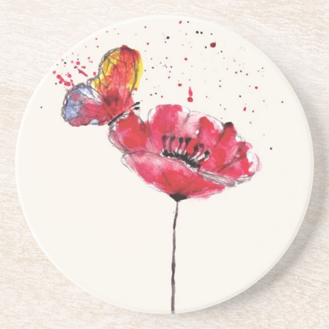 Stylized malte Watercolormohnblumen-Blume Getränkeuntersetzer (Vorne)