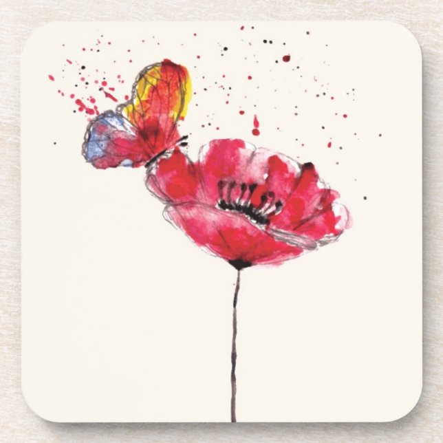 Stylized malte Watercolormohnblumen-Blume Getränkeuntersetzer (Vorderseite)