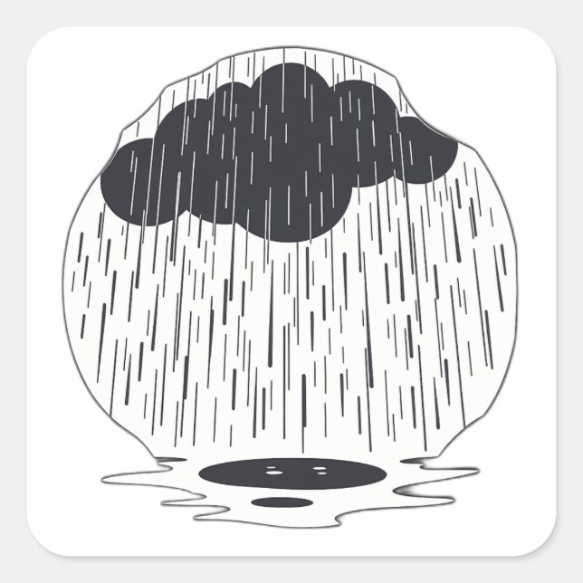 Stylized Rain Cloud with Falling Rain and Puddle Quadratischer Aufkleber (Vorderseite)