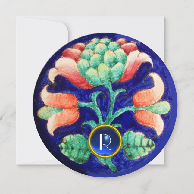 STYLIZIERTE BLUME / PINK GREEN BLUE GEM MONOGRAM EINLADUNG (Vorderseite)