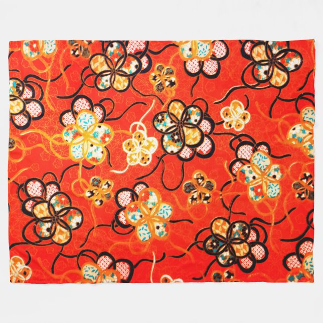 STYLIZIERTE BLUME, SCHWARZ-WEISSE RIBONS, HELL ROT FLEECEDECKE (Vorderseite (Horizontal))