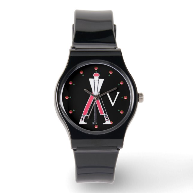 STYLIZIERTER ROTER GOLFER, GOLFSPIELER-MONOGRAMM ARMBANDUHR (Vorderseite)