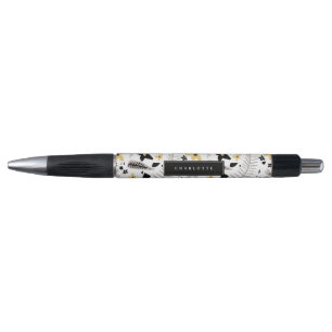 Stylo Abstrait noir gris jaune Floral Nom personnalisé