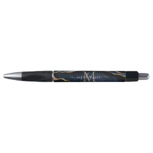 Stylo Agate Marine Blue Gold Gemstone Marble Nom du mono