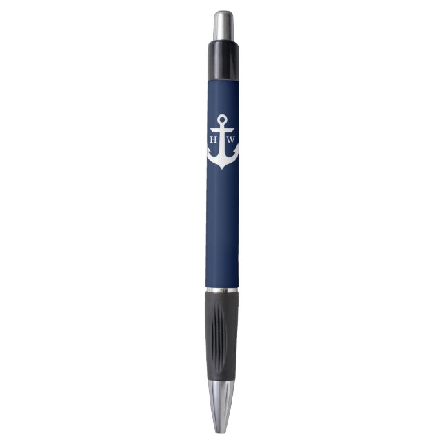 Stylo Ancre de bleu marine décorée d'un monogramme (Devant (Vertical))