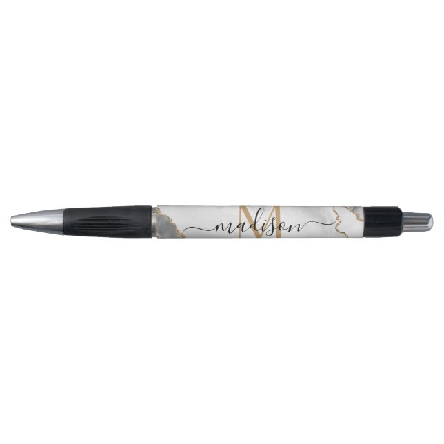 Stylo Blanc Chic Glitter Or Agate Monogramme Nom Script (Devant)