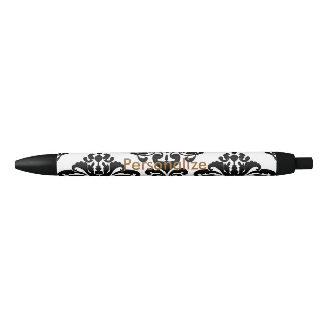 Stylo Bleu Blanc & Noir Damask Elegant Personnalisé Chic (Devant)