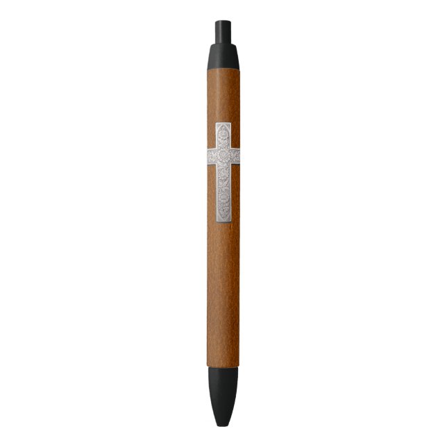 Stylo Bleu Faux Leather Christian Metal Cross (devant Vertical)