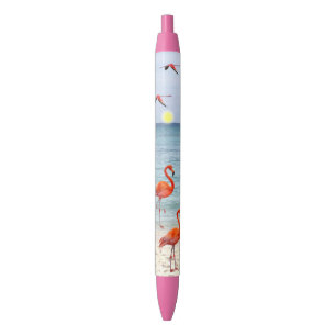 Stylo Bleu Flamants roses sur la plage
