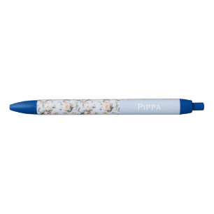 Stylo Bleu Fleurs de Fleurissement d'Oiseaux Nom personnalisé