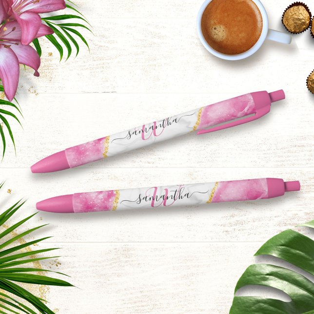Stylo Bleu Monogramme Élégante fille Marbre blanc rose glam (Créateur téléchargé)