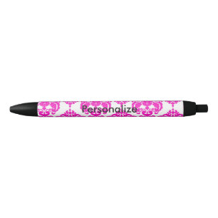 Stylo Bleu Rose Chaude & Blanc Damassé Élégant Personnalisé C