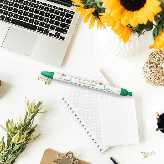 Stylo Bleu Vert Orange Bohème Floral Ditsy Monogramme (Créateur téléchargé)