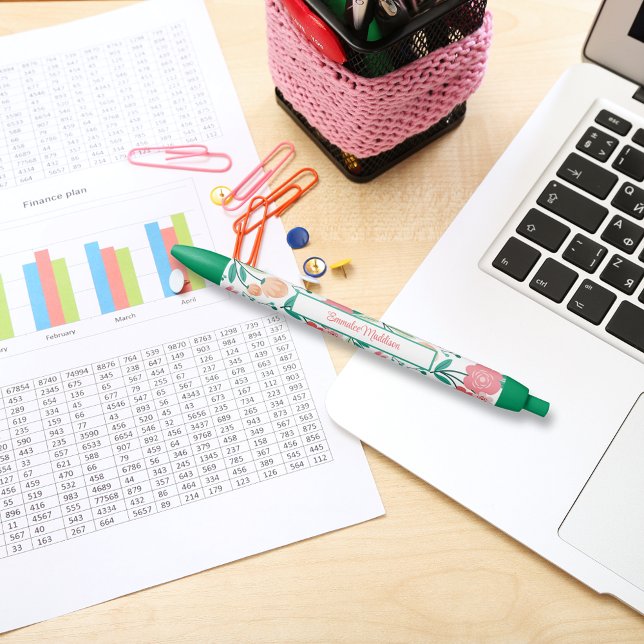 Stylo Bleu Vert rose Bohème Floral Ditsy Monogramme (Créateur téléchargé)