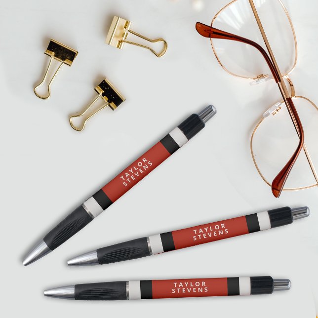 Stylo Bloc de couleur rouge noir simple avec nom (Personalize this custom pen design with your name.)