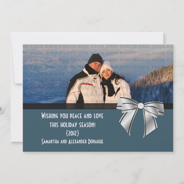 Stylo Bow Holiday Photo Carte Plat, Bleu foncé (Devant)