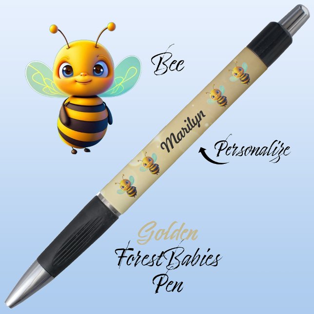 Stylo Bumblebee, Jolie Bee Design, 🐝 d'or d'abeille (Cute Whimsical Bee Cartoon Graphic, Gold Personalizable ForestBabies Pen 🐝)