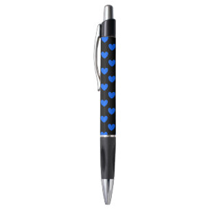 Stylo Cœurs à pois bleus sur fond noir