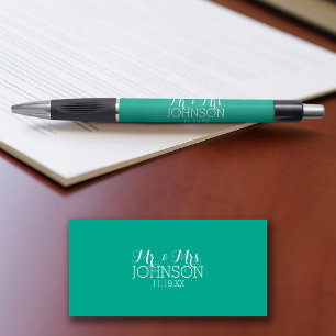 Stylo Couleur Solide Émeraude Vert Mr & Mrs Wedding Favo