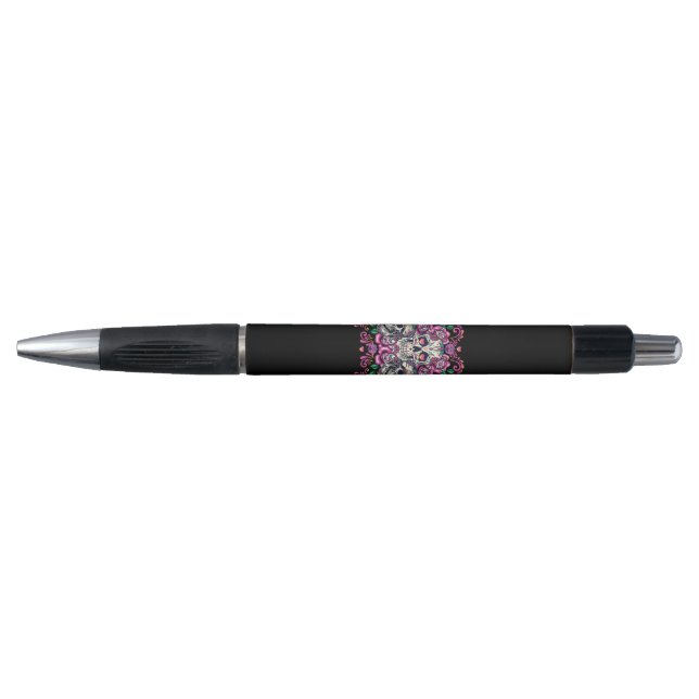 Stylo Crâne floral, squelette aquarelle rose, Halloween. (Devant)