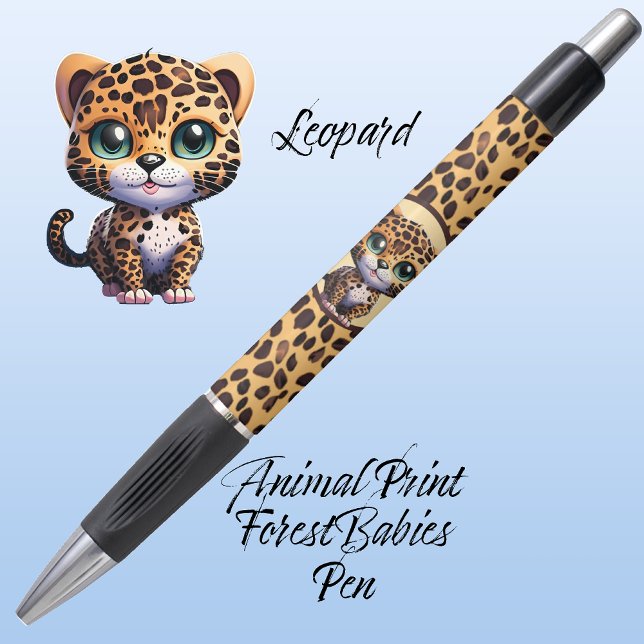 Stylo Cute Whimsical Leopard Safari Poster de animal Jun (Leopard Kitty Cat Customizable ForestBabies Feline Kitten Animal Print Pen 🐆)