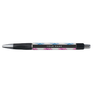 Stylo Dahlia rose et bleu, motif floral, votre nom