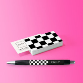 Stylo Damier de dames moderne Ajouter un nom Noir Blanc