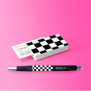 Stylo Damier de dames moderne Ajouter un nom Noir Blanc