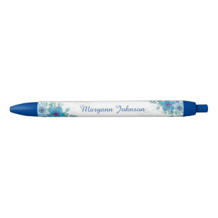 Stylo d'encre personnalisée Fleurs bleues élégante