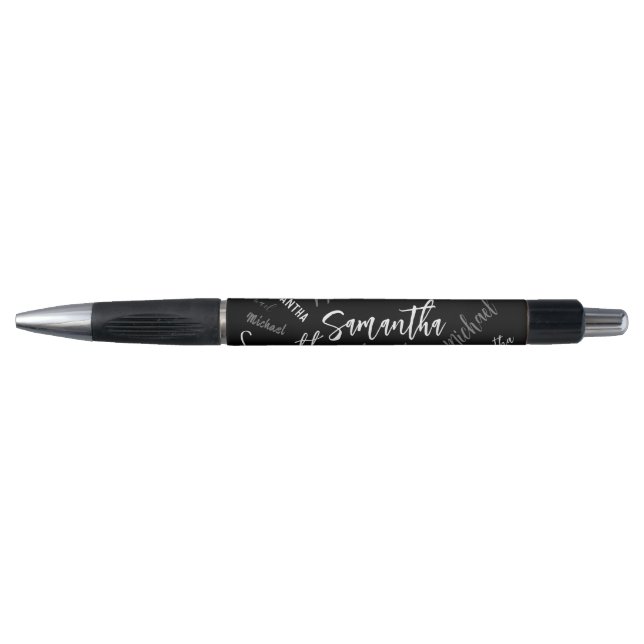 Stylo Deux noms couple motif monogramme noir gris blanc (Devant)