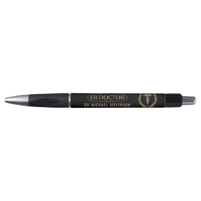 Stylo Docteur d'ER - symbole Médicale - noir et or (Devant)