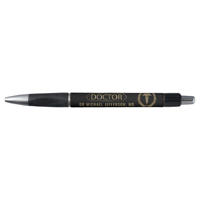 Stylo Docteur - symbole Médicale - noir et or (Devant)