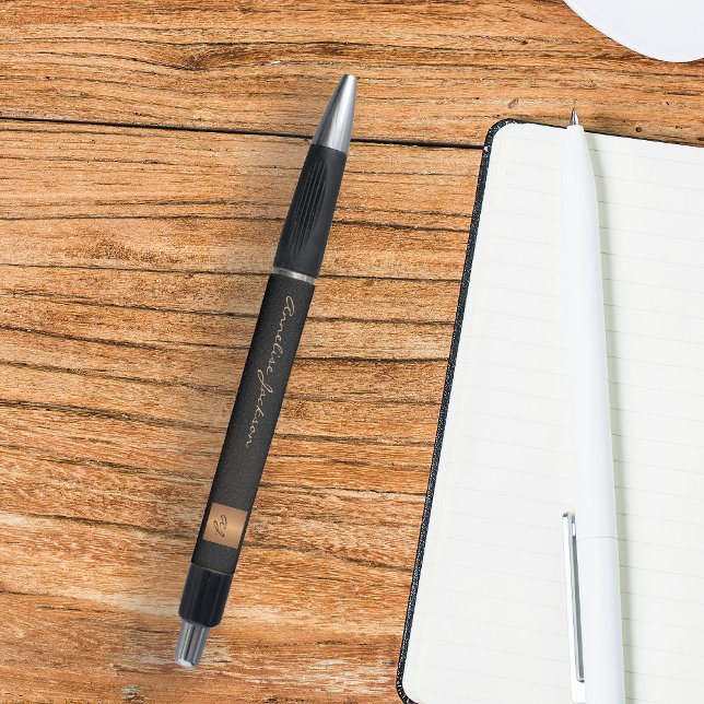 Stylo Écriture de nom élégante en noir et or monogrammé  (Créateur téléchargé)