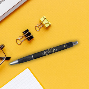 Stylo Élégant Black Gold Heart Nom du script Monogram Bl
