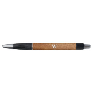 Stylo Élégant Brown Cuir Texture Monogramme Nom