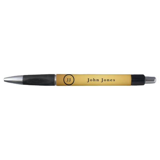 Stylo Élégant Noir Or Personnalisé Monogramme Initiales (Devant)