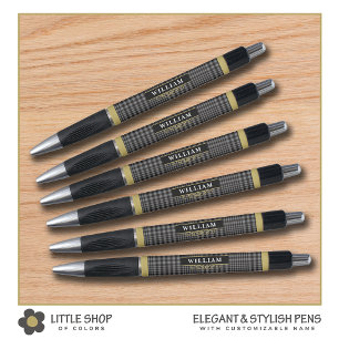 Stylo Élégant Plaid Glen Noir Or Gris Monogramme
