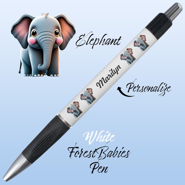Stylo Elephant, mignonne Jungle Safari Bois Animal Blanc (Cute Whimsical Elephant  Jungle Safari Animal Cartoon Graphic White Customizable ForestBabies Pen 🐘)