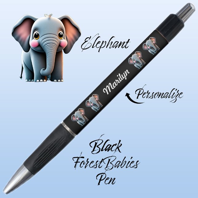 Stylo Elephant, mignonne Jungle Safari Forêt animal Noir (Cute Whimsical Elephant  Jungle Safari Animal Cartoon Graphic Black Customizable ForestBabies Pen 🐘)