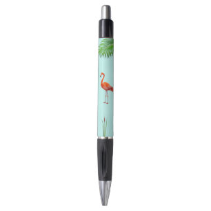 Stylo Flamant rose et feuille de palmier sur fond bleu c
