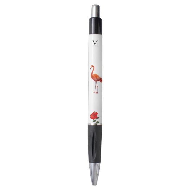 Stylo Flamant rose rose, Fleur d'Hibiscus rouge et monog (Devant (Vertical))