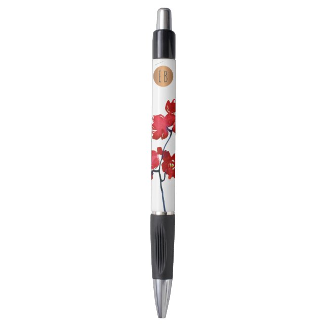 Stylo Fleur aquarelle rouge monogramme cercle cuivre (Devant (Vertical))