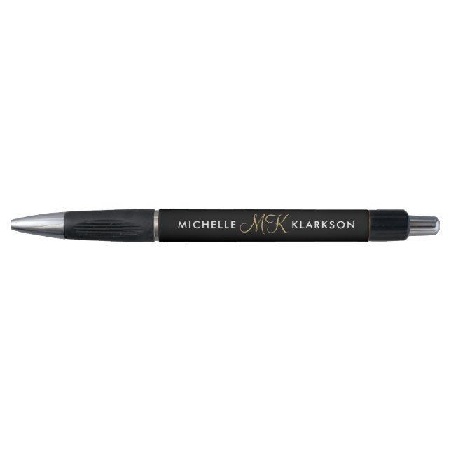 Stylo Initiales Monogrammées Noir et Or Modernes et Uniq (Devant)