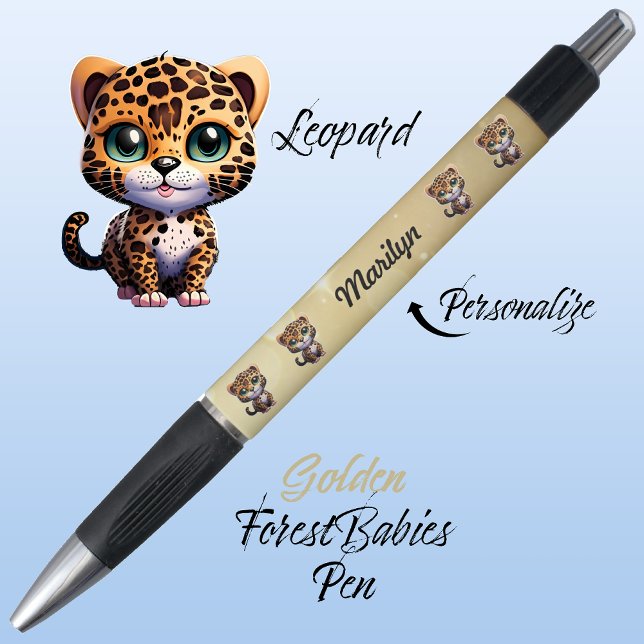 Stylo Léopard, Chat Whimsical Unique, Or Graphique (Cute Whimsical Leopard Cartoon Graphic, Gold Customizable ForestBabies Pen 🐆)