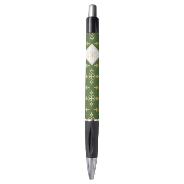 Stylo Luxe Monogramme vert et or Quatre Floral (Devant (Vertical))