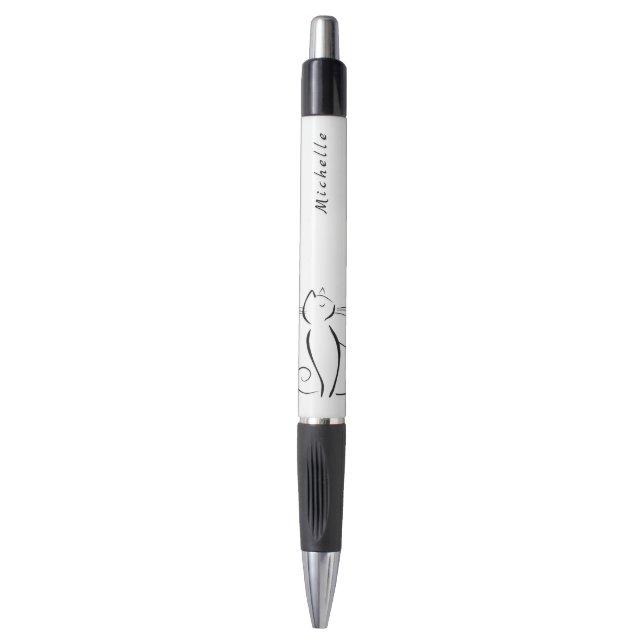 Stylo Mini chat noir sur blanc nom d'ajout (Devant (Vertical))