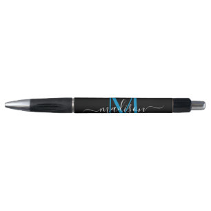 Stylo Monogramme bleu océan noir Nom du script élégant