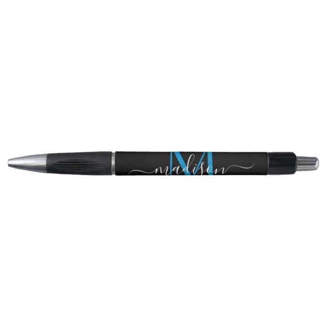 Stylo Monogramme bleu océan noir Nom du script élégant (Devant)